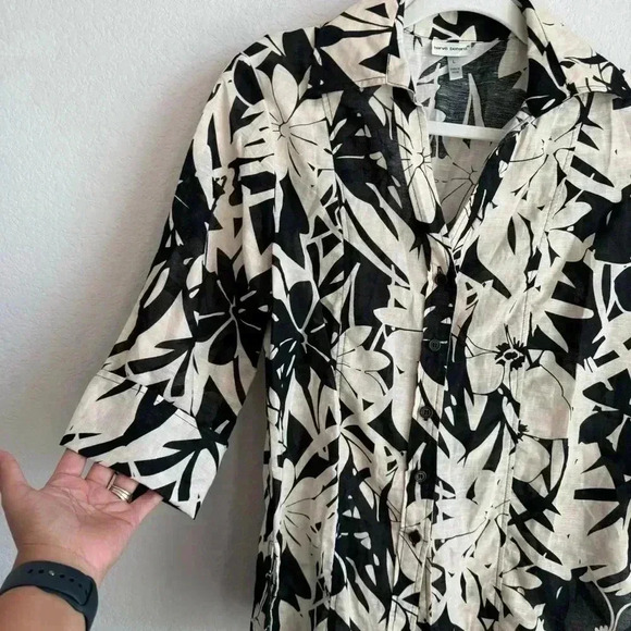 Harve Benard Woman's Black Beige Floral Linen Blend Button Up Blouse Size L - Picture 4 of 11